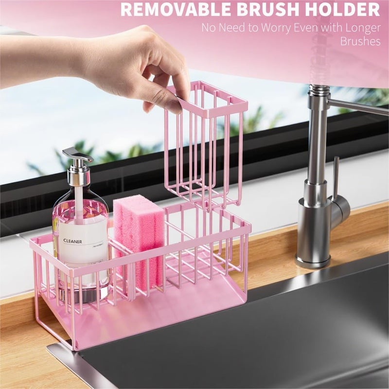 Cisily Pink Kitchen Sink Caddy Organzier with High Brush Holder, Sponge Holder for Sink, 304 Rustproof Stainless, Kitchen Countertop Soap Dispenser Organizer - Image 3